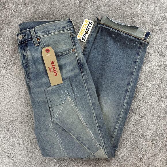 Levis 501 Jeans Mens 32x32 Blue Distressed Patchwork Selvedge Irregular Denim - Picture 1 of 16